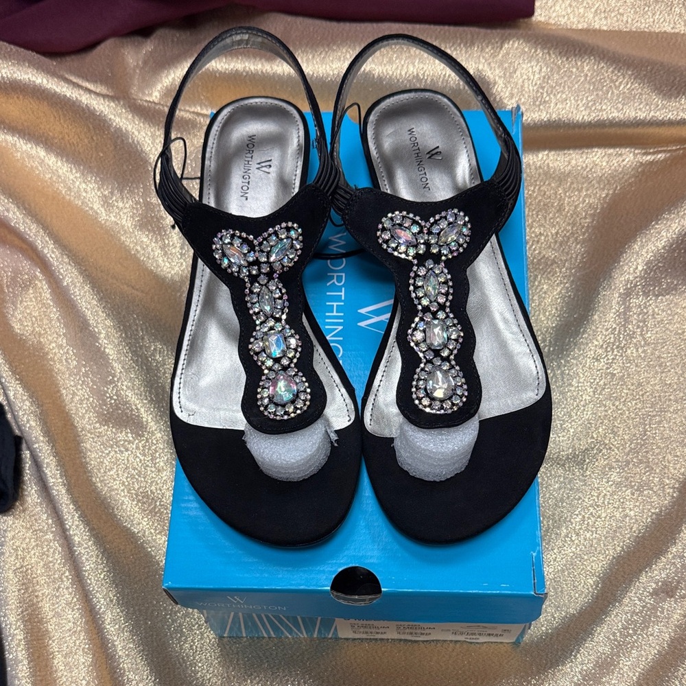 Worthington Wor Odette Sandals  - Black with Jewel Embellishments - Size 9 - NWT